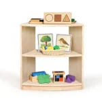 Three-tier curved corner shelf with open storage and rounded edges