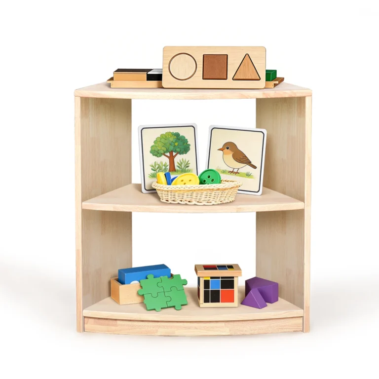 Three-tier curved corner shelf with open storage and rounded edges