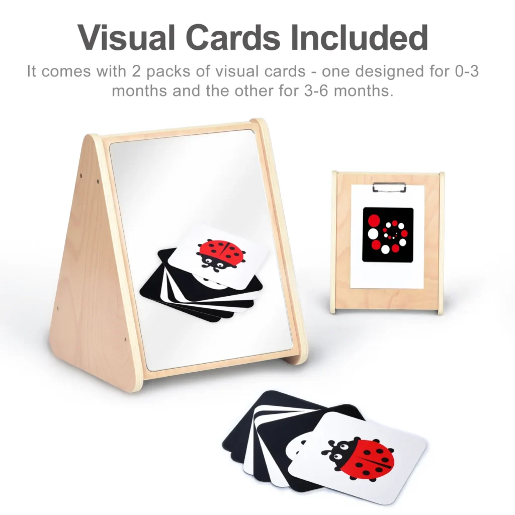 Double-sided triangular tummy time mirror with two sets of high contrast visual cards