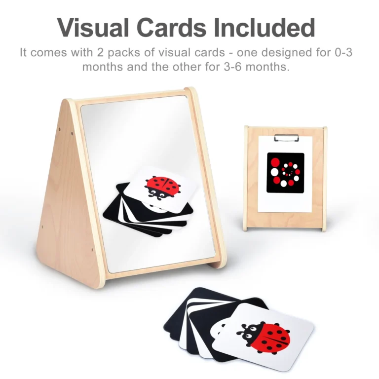Double-sided triangular tummy time mirror with two sets of high contrast visual cards