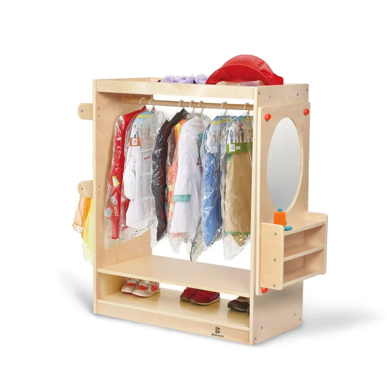Birch plywood kids dress-up wardrobe with hanging rails, storage shelves and a side mirror