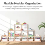 Rising and falling tiers of the modular cube shelving combined together