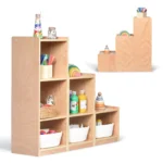 Three-piece modular cube storage unit arranged as an L-shaped stepped bookshelf