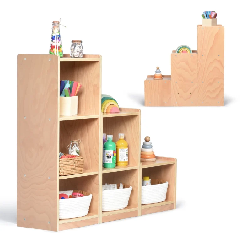 Three-piece modular cube storage unit arranged as an L-shaped stepped bookshelf