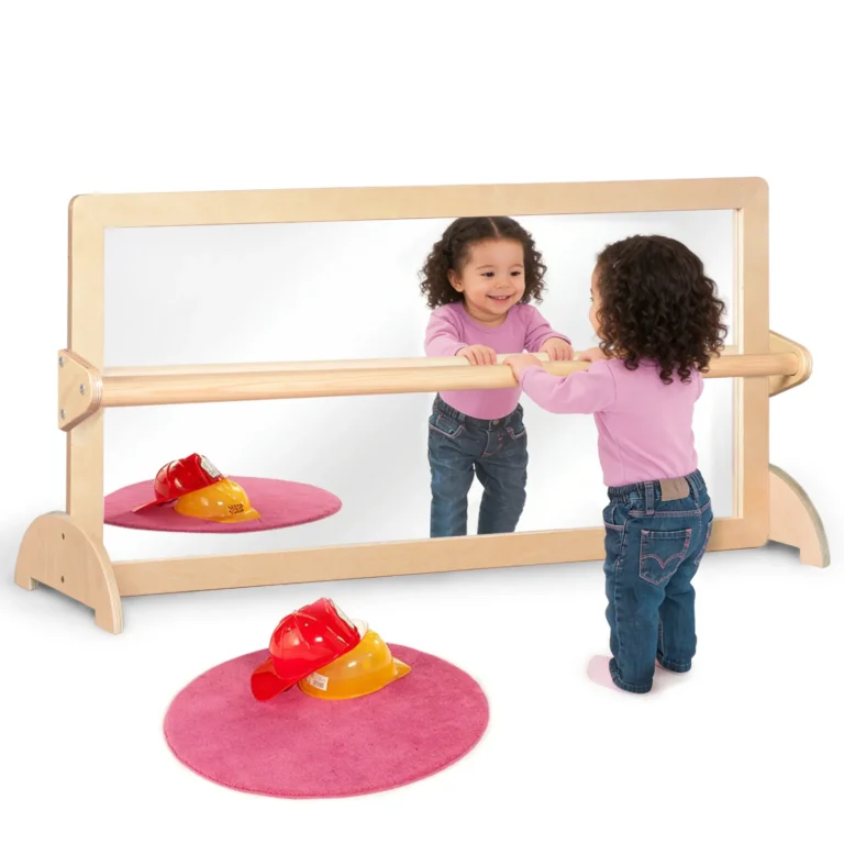 Full-length Montessori sensory mirror with pull-up bar on floor stands