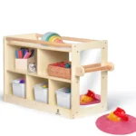 Two-tier Montessori storage cabinet with six cubbies and side mirror panel