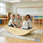 Children playing on the rocking boat in a preschool classroom