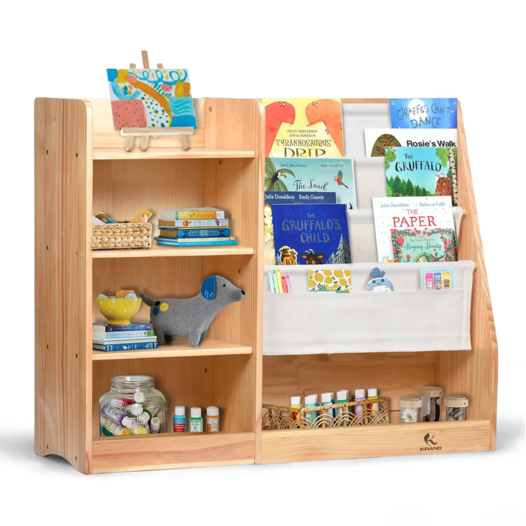 Four-layer bookshelf combining open toy cubbies with a front-facing sling book rack