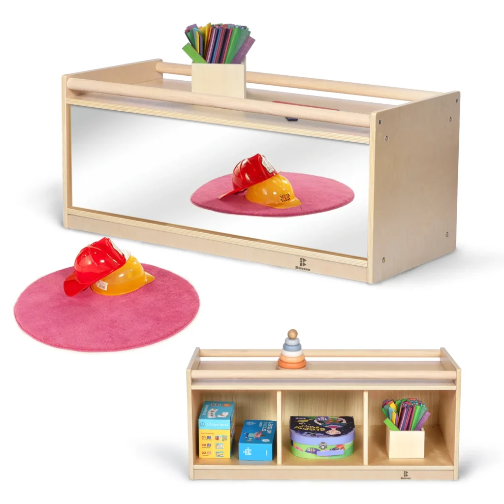 Open storage cubby with a full-length acrylic mirror back panel
