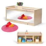 Open storage cubby with a full-length acrylic mirror back panel