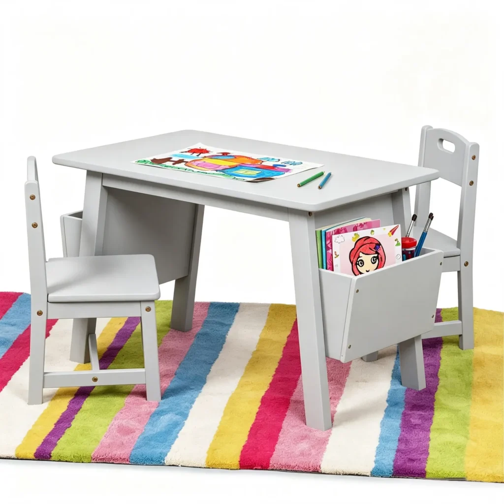 Grey solid wood kids table with chair and side storage bins