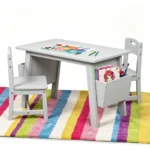 Grey solid wood kids table with chair and side storage bins