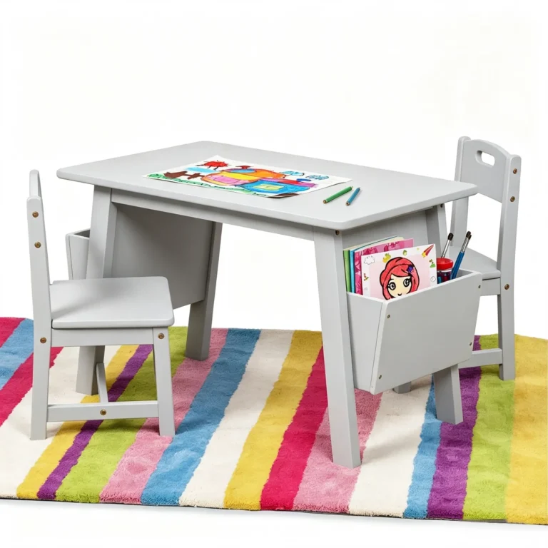 Grey solid wood kids table with chair and side storage bins