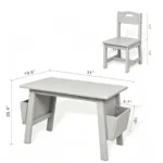 Dimensions diagram of the grey kids table, chair and storage
