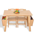 Natural solid wood kids table with two chairs and side storage bins