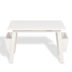 Dimensions diagram of the white kids table, chair and storage