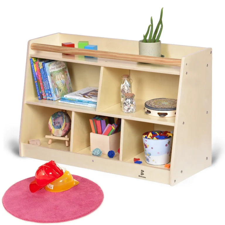Trapezoidal two-tier bookshelf cabinet with six compartments and a top rail