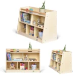 The trapezoidal bookshelf shown from the front, back and side