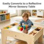 Child building on the reflective mirror table mode
