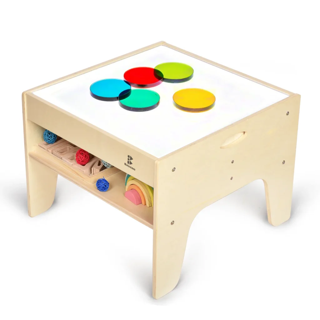 Kids LED sensory light table with colourful translucent discs and side storage
