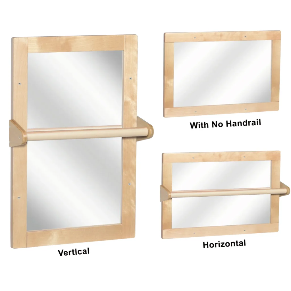 Montessori baby safety mirror shown in vertical, horizontal and handrail-free set-ups