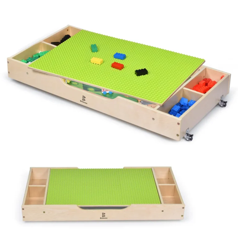 Kids 3-in-1 rolling activity play table with green building surface and side storage