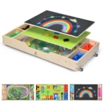 Chalkboard side and building baseplate side of the reversible table top