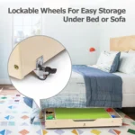 Lockable wheels let the table roll under a bed or sofa for easy storage