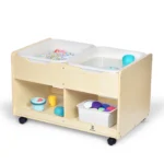 Mobile kids sand and water station with dual deep bins, under storage and lockable casters