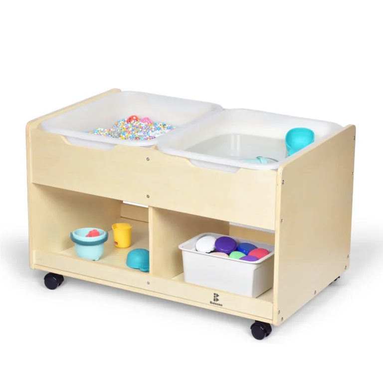Mobile kids sand and water station with dual deep bins, under storage and lockable casters