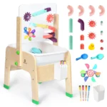 Kids sand and water table with vertical clear top panel and suction cup toys