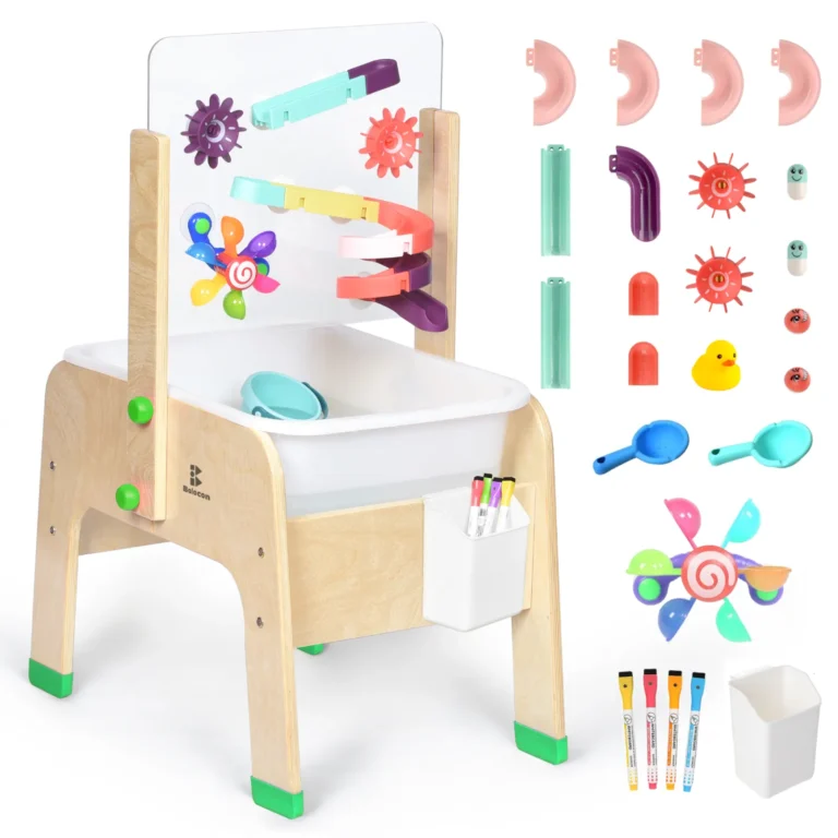 Kids sand and water table with vertical clear top panel and suction cup toys