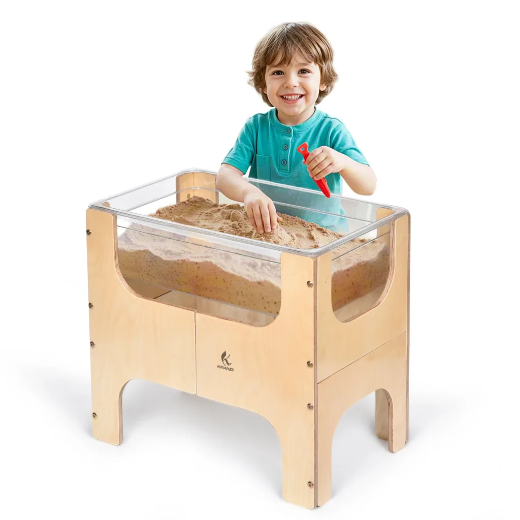 Kids water and sand table with a transparent H-shaped see-through cutout