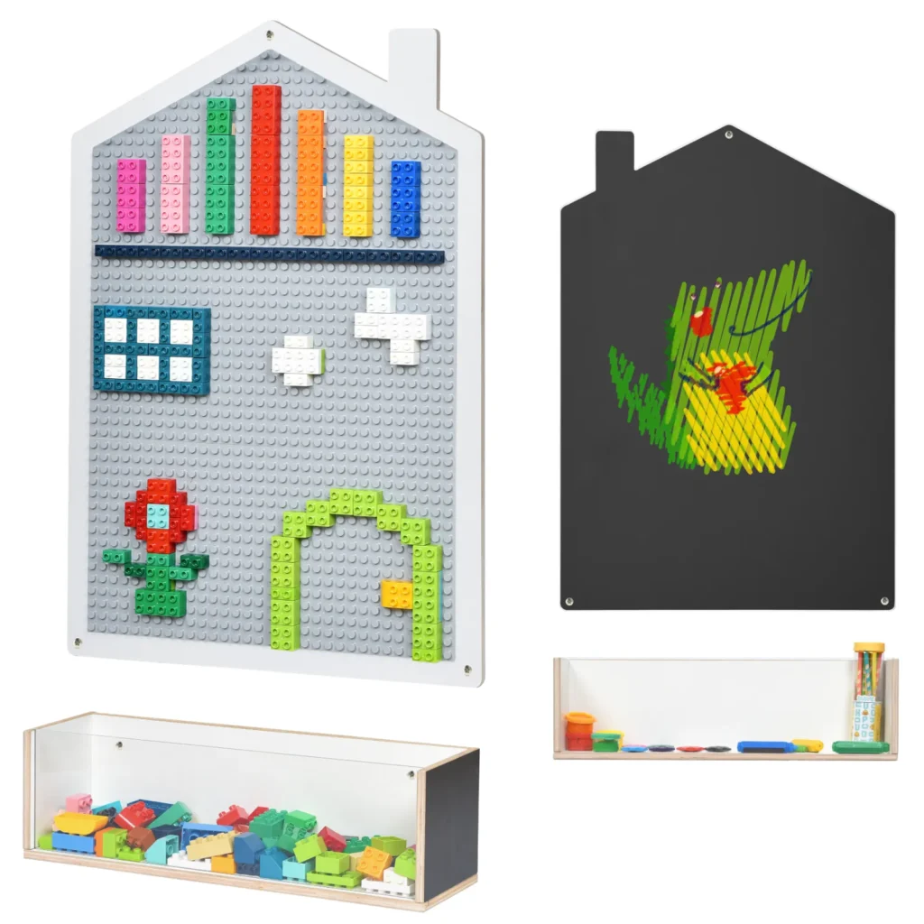 House shaped double-sided wall panel with building brick baseplate, chalkboard and storage box