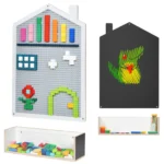 House shaped double-sided wall panel with building brick baseplate, chalkboard and storage box