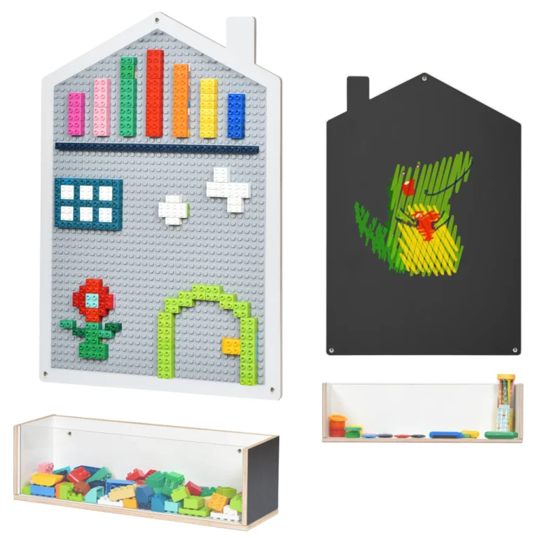 House shaped double-sided wall panel with building brick baseplate, chalkboard and storage box