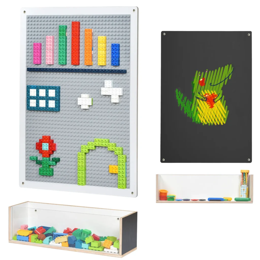Rectangular double-sided wall panel with building brick baseplate, chalkboard and storage box