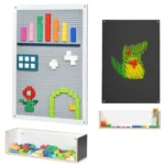 Rectangular double-sided wall panel with building brick baseplate, chalkboard and storage box