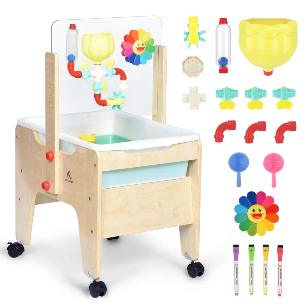 Kids water and sand sensory table on casters with scoops, moulds and toys