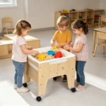 Three children playing at the sensory table in a classroom